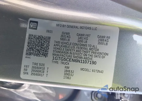 2022 GMC Canyon 2Wd Short Box Elevation из США, поврежденный, VIN 1GTG5CEN6N1107190